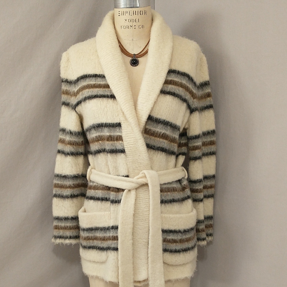 Icelandic Wool Soft Long Belted Striped Cardigan Hilda - Iceland Natural Sweater